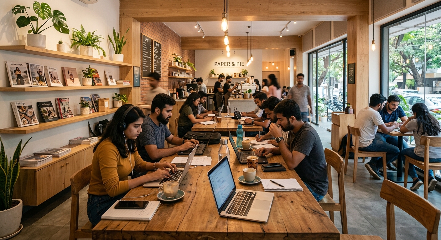 Paper & Pie Indiranagar interior with laptop-friendly tables and minimalist design