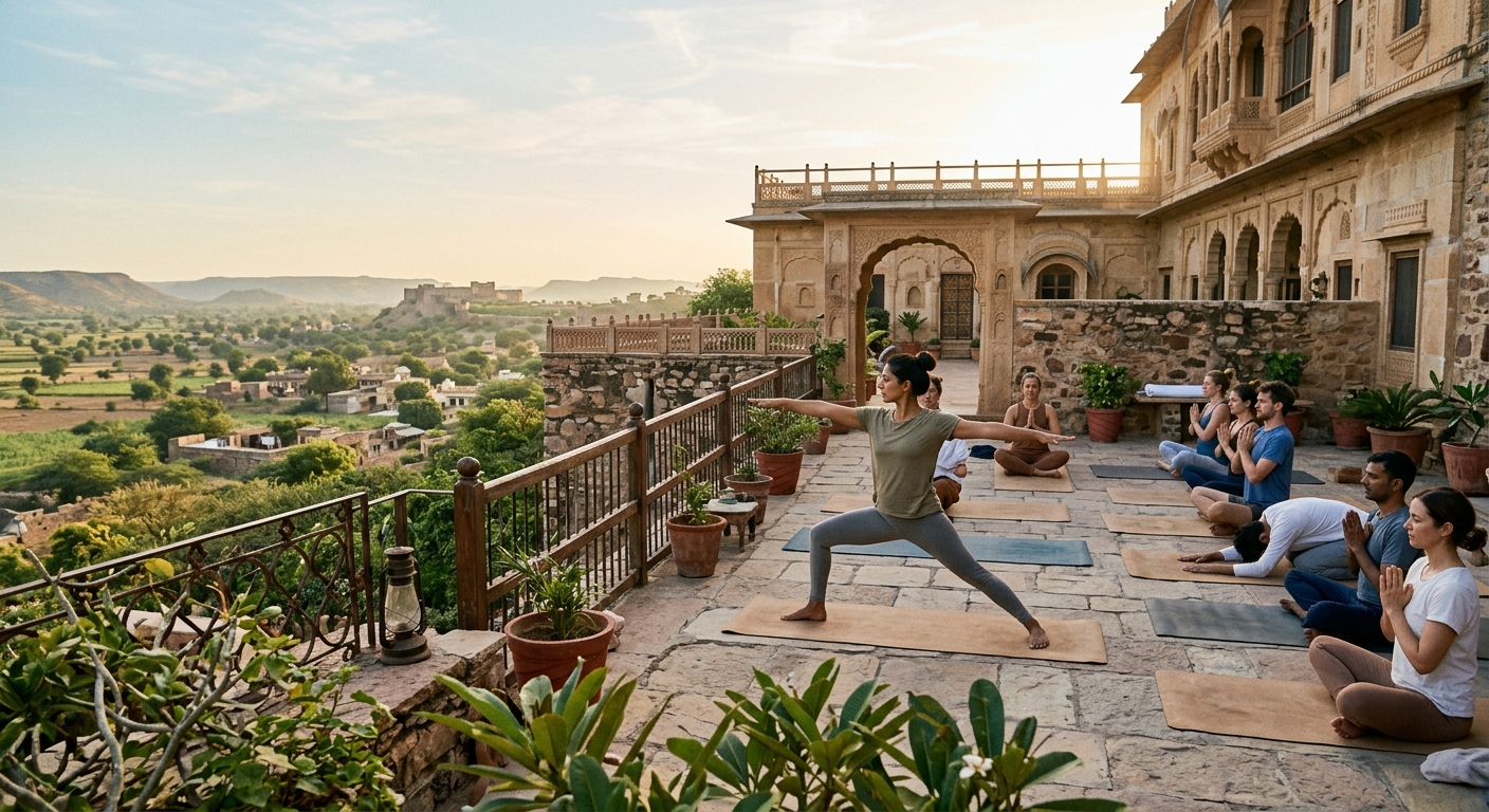 Yoga session at Savista Retreat overlooking gardens