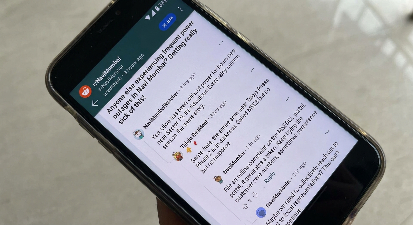 A smartphone screen displaying a Reddit thread on r/navimumbai with multiple posts and comments about power cuts in Ulwe and Taloja.