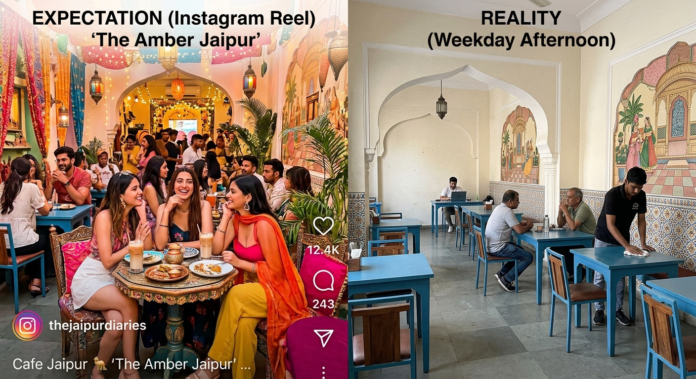 Split image showing the gap between a curated Instagram Reel and the authentic reality of a cafe in Jaipur.