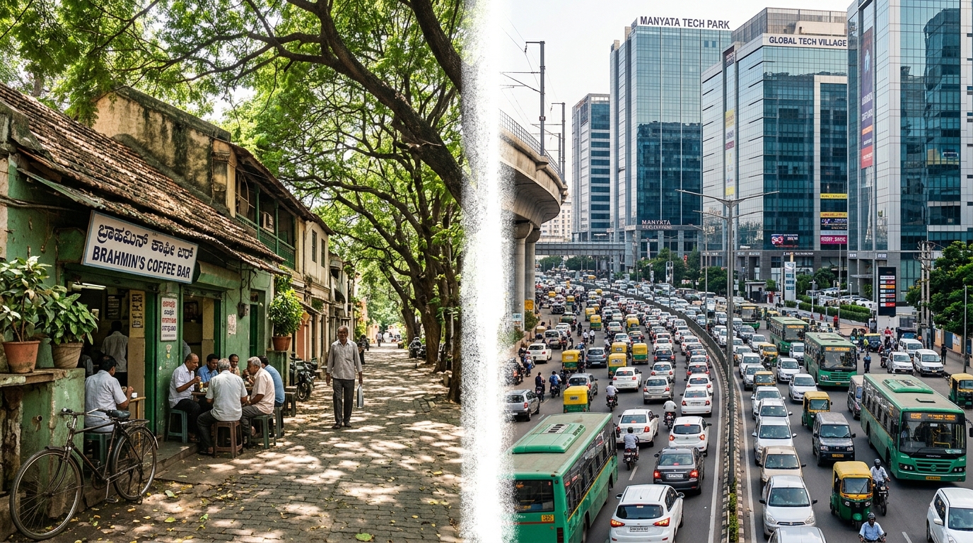 A visual split contrasting a calm, tree-lined street in Basavanagudi with the congested, glass-and-concrete IT corridor of Bellandur.