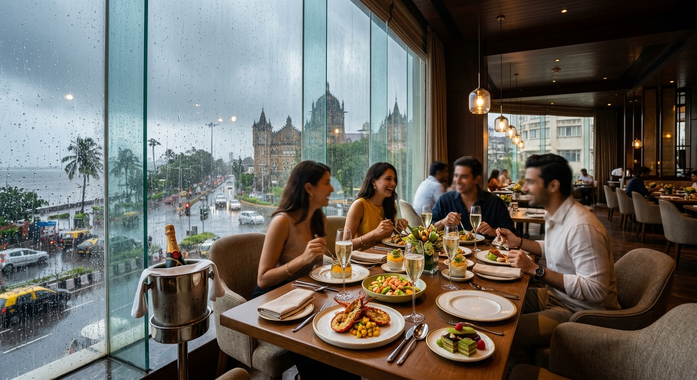 Mumbai monsoon hotel brunch with mango and matcha dishes, indoor setting with rain on windows