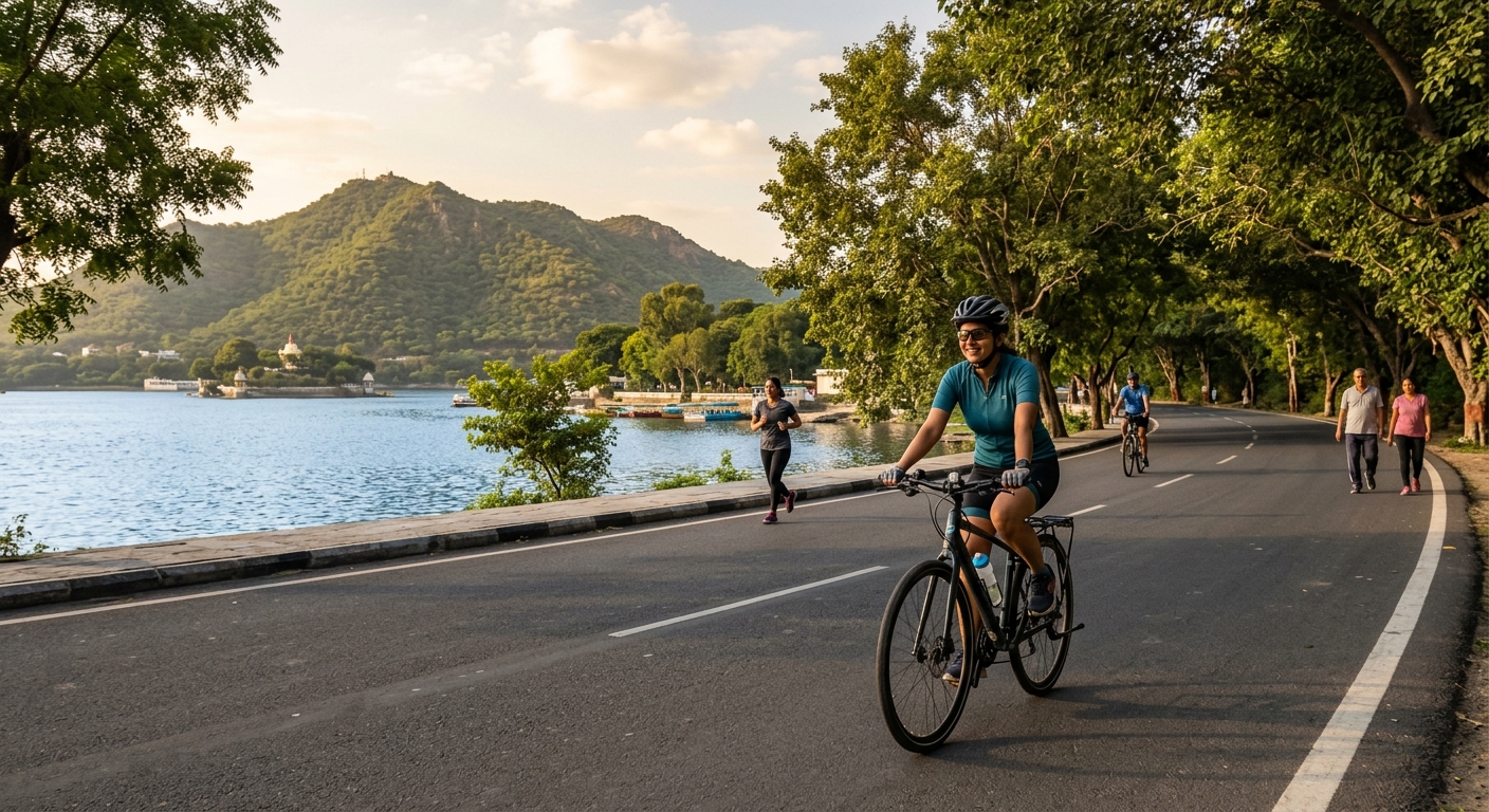 Cyclist on a hybrid bike riding along the scenic and quiet Rani Road loop beside Fateh Sagar Lake in early morning Udaipur.