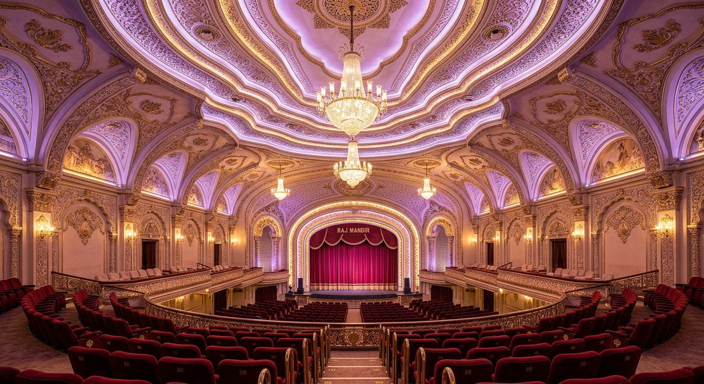 Grand interior of Raj Mandir Cinema with chandeliers and red seats