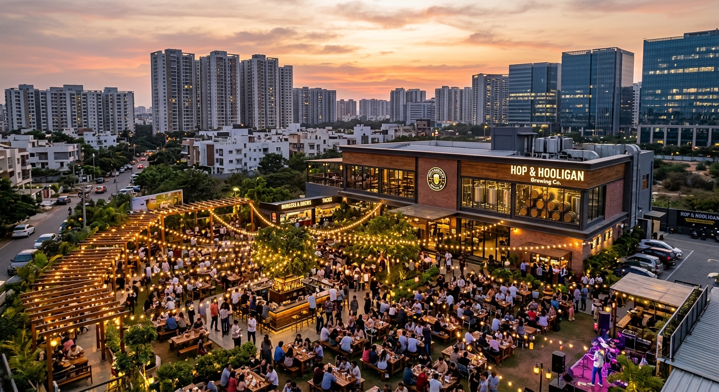 Large-format microbrewery with open-air seating in a peripheral Bengaluru neighborhood, illustrating the city's decentralized nightlife trend.
