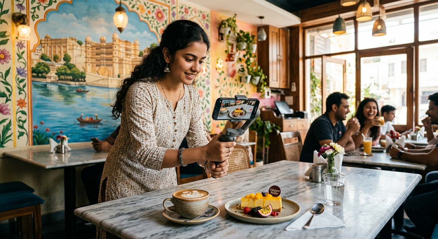 Content creator filming a café interior and latte art in Udaipur for Instagram