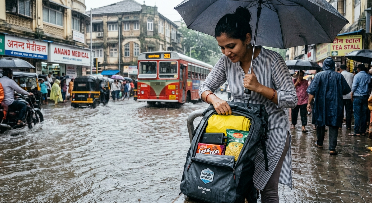 Commuter showing monsoon bag kit essentials on waterlogged street