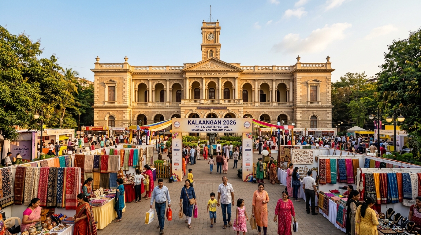 Kalaangan 2026 craft fair at Bhau Daji Lad Museum Plaza with artisan stalls and visitors