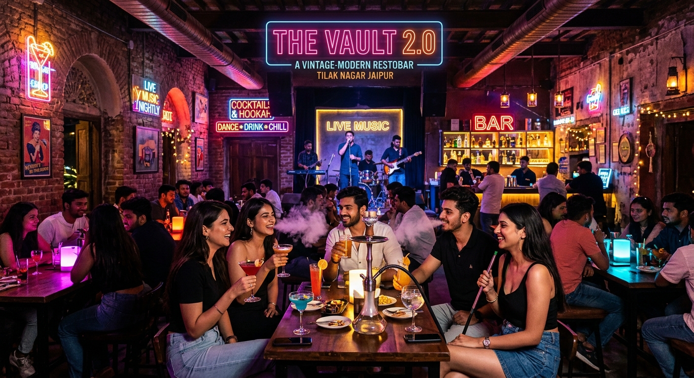 Nightlife in Tilak Nagar, Jaipur, featuring a lounge bar with neon lights and a youthful crowd