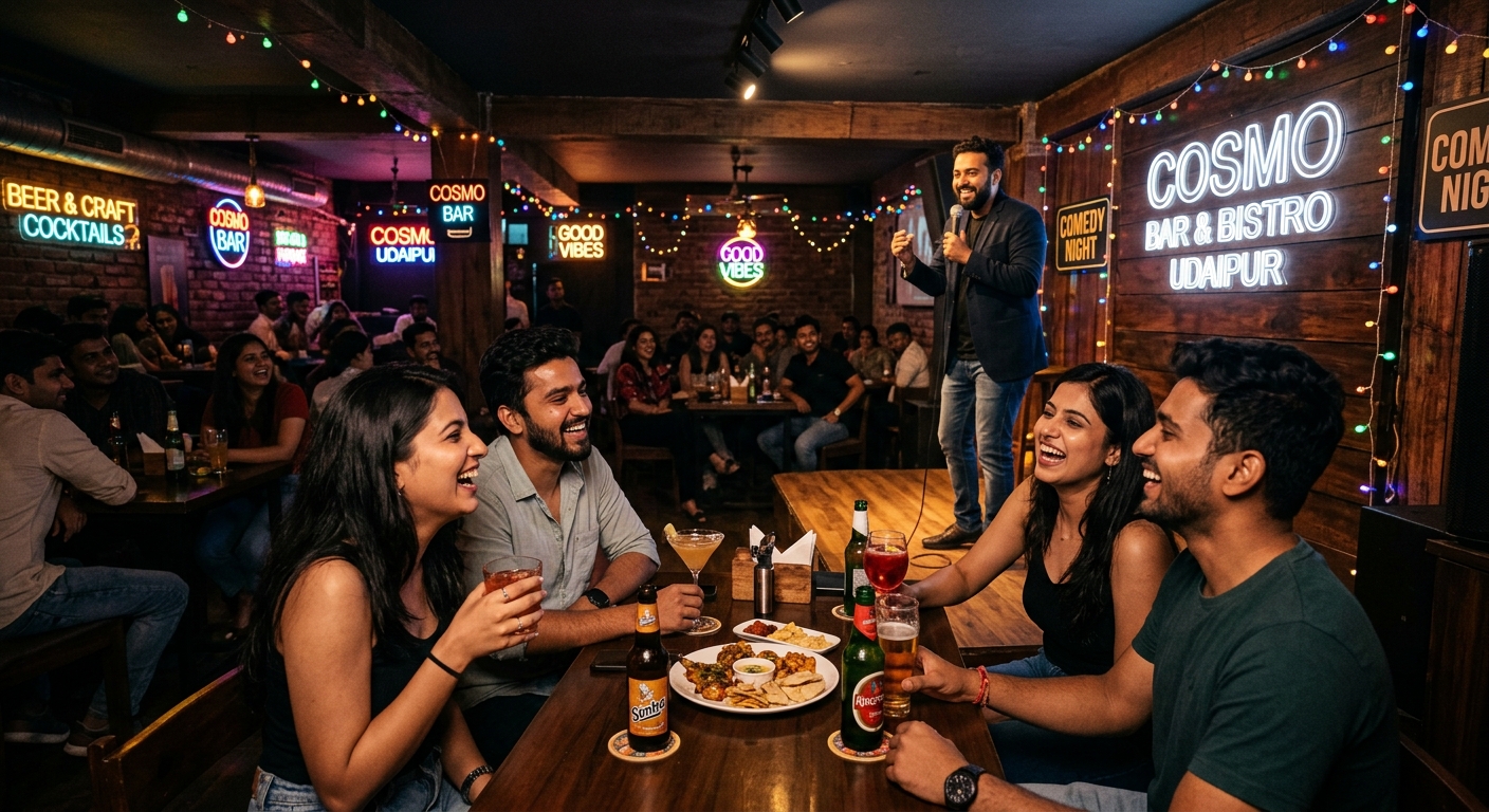 Comedy night at Cosmo Bar and Bistro, Udaipur, with group audience enjoying a stand-up set