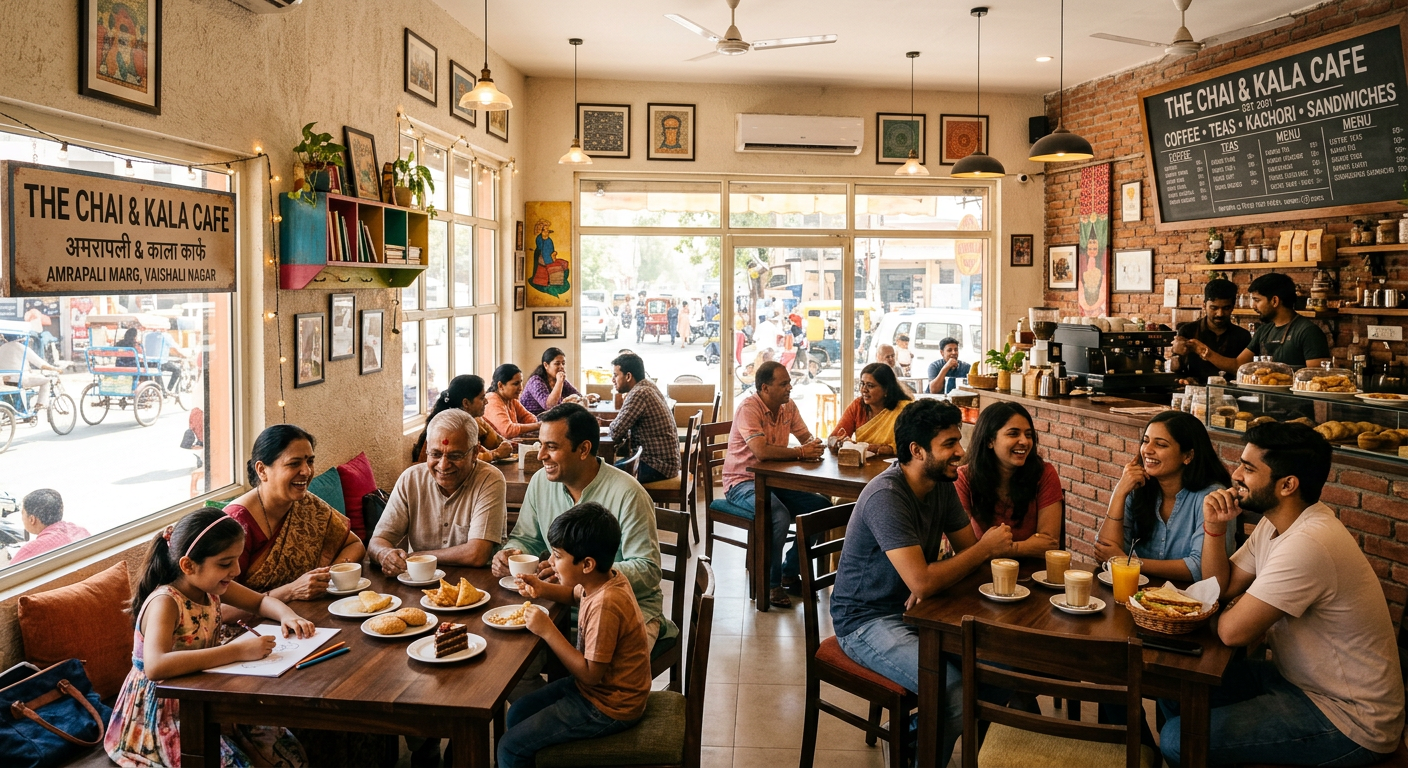 Casual dining cafe in Vaishali Nagar, Jaipur, with a family-friendly atmosphere and modern design