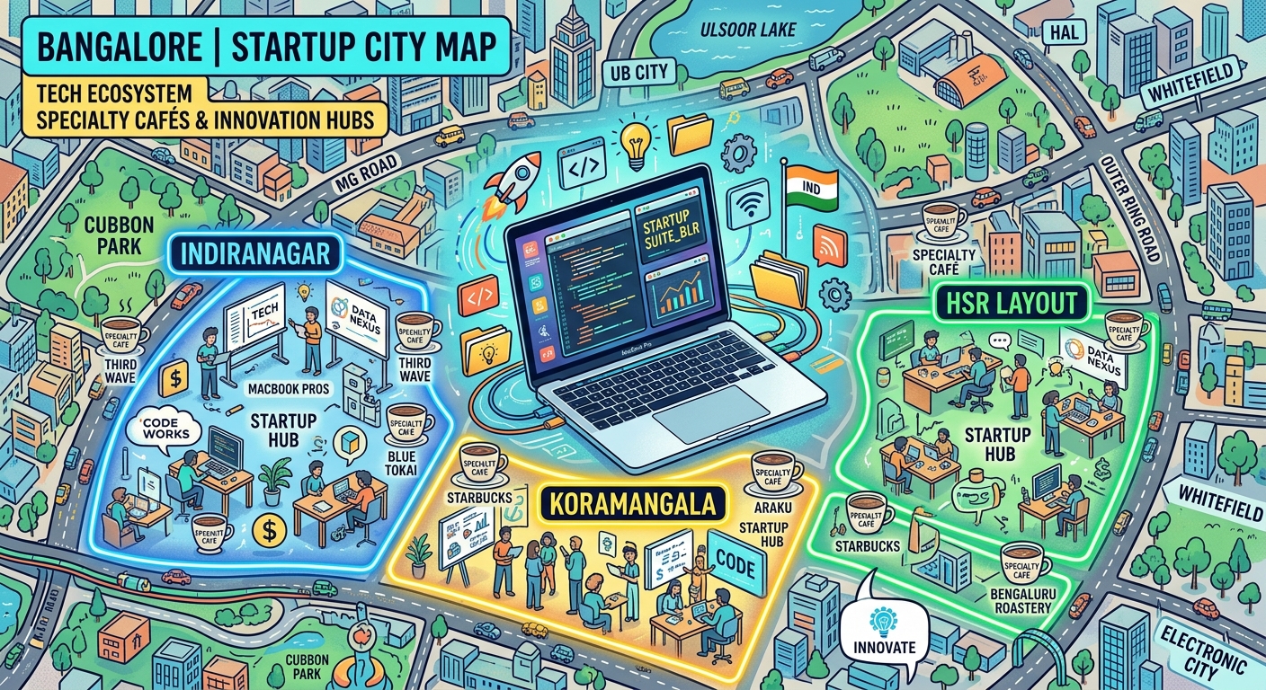 Map of Bangalore showing startup neighborhoods with specialty coffee cafes