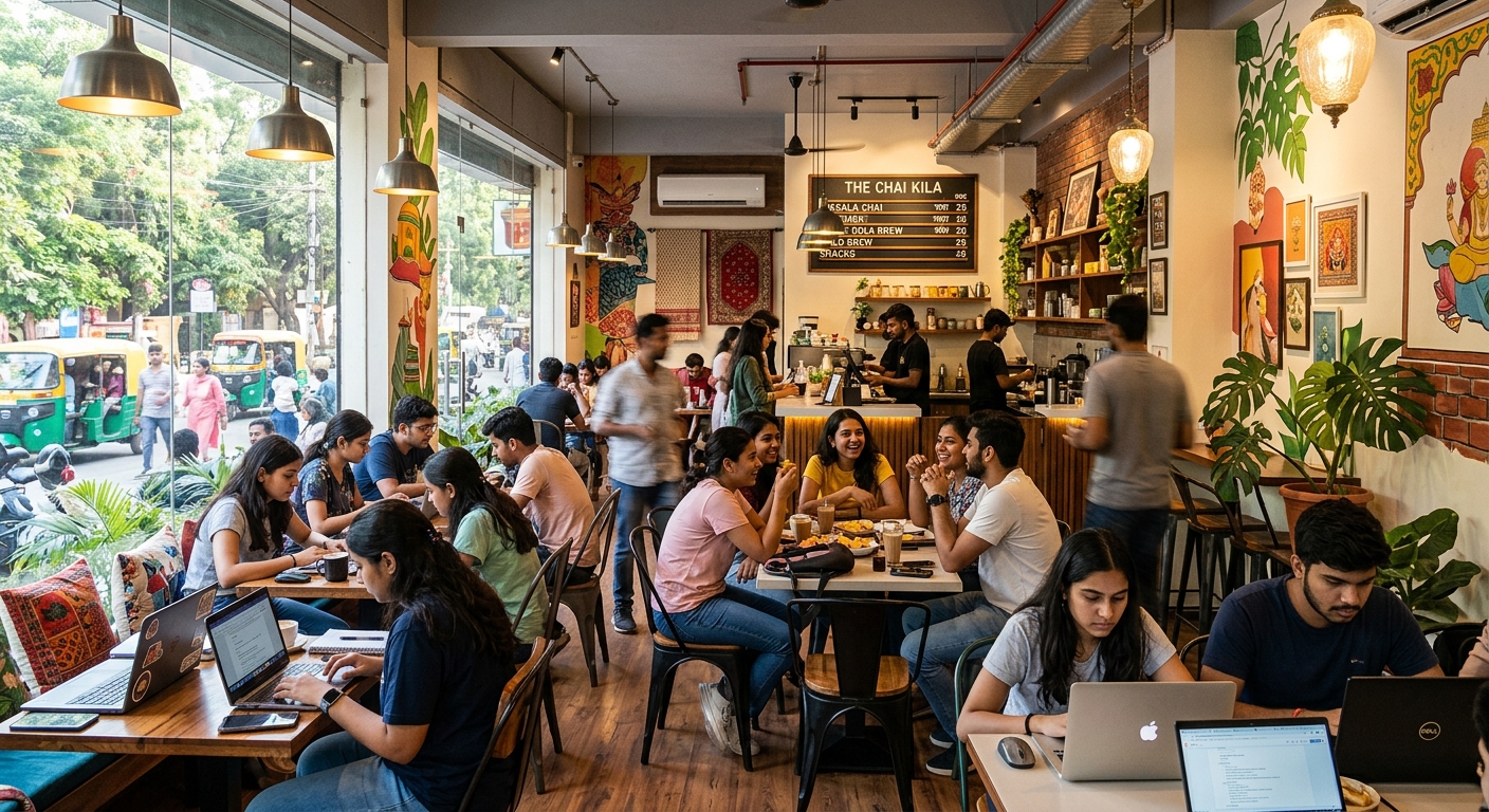 Vibrant cafe scene in Malviya Nagar, Jaipur, with diverse patrons and modern interiors