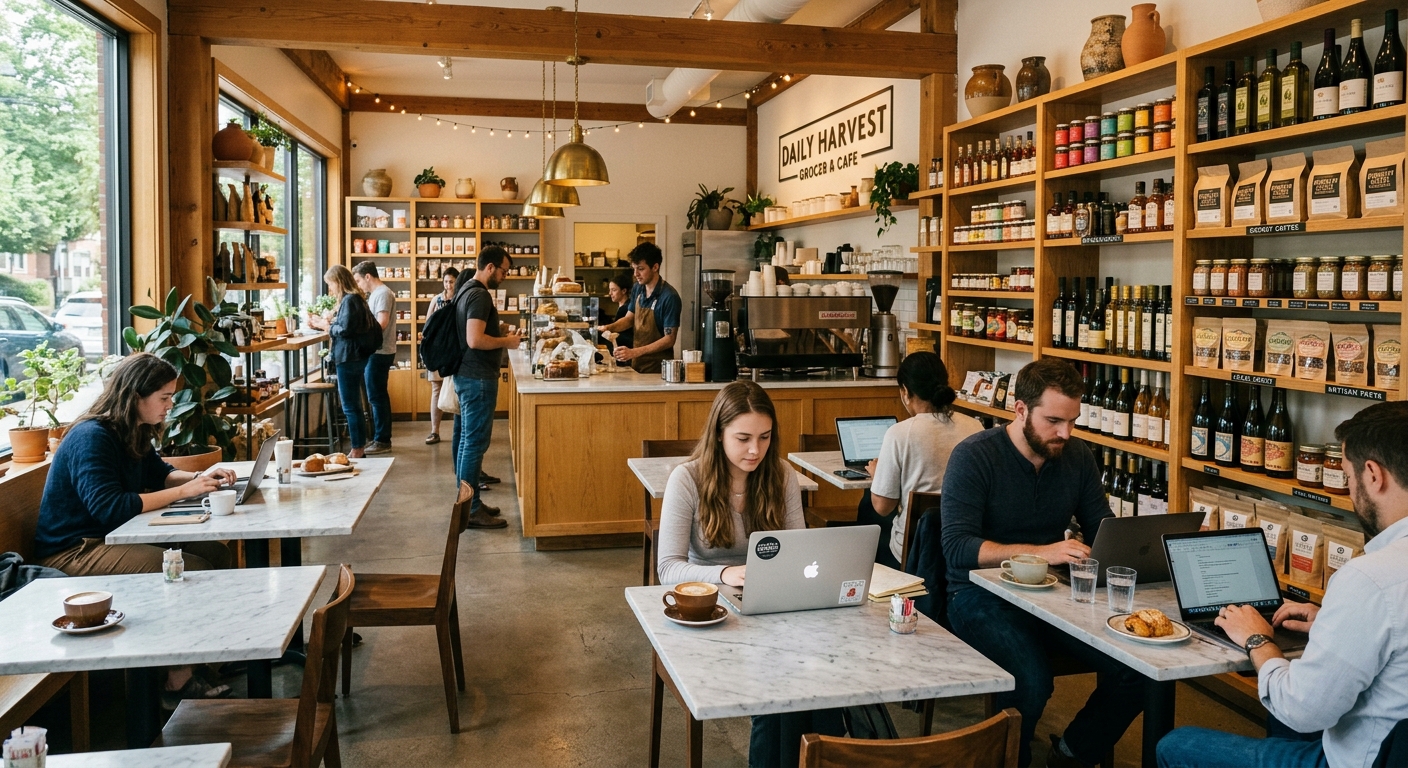 Warm interior of Foodstories' That Grocery Café with marble tables, specialty coffee, and gourmet retail shelves in Mumbai.