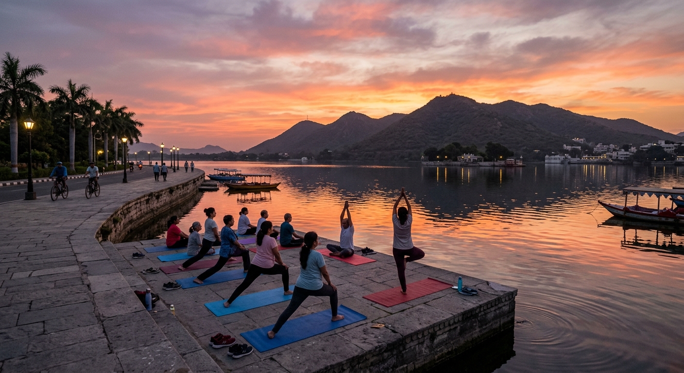 Sunrise yoga session on the pavements of Fateh Sagar Lake with cyclists and walkers on the lakeside road at dawn in Udaipur.