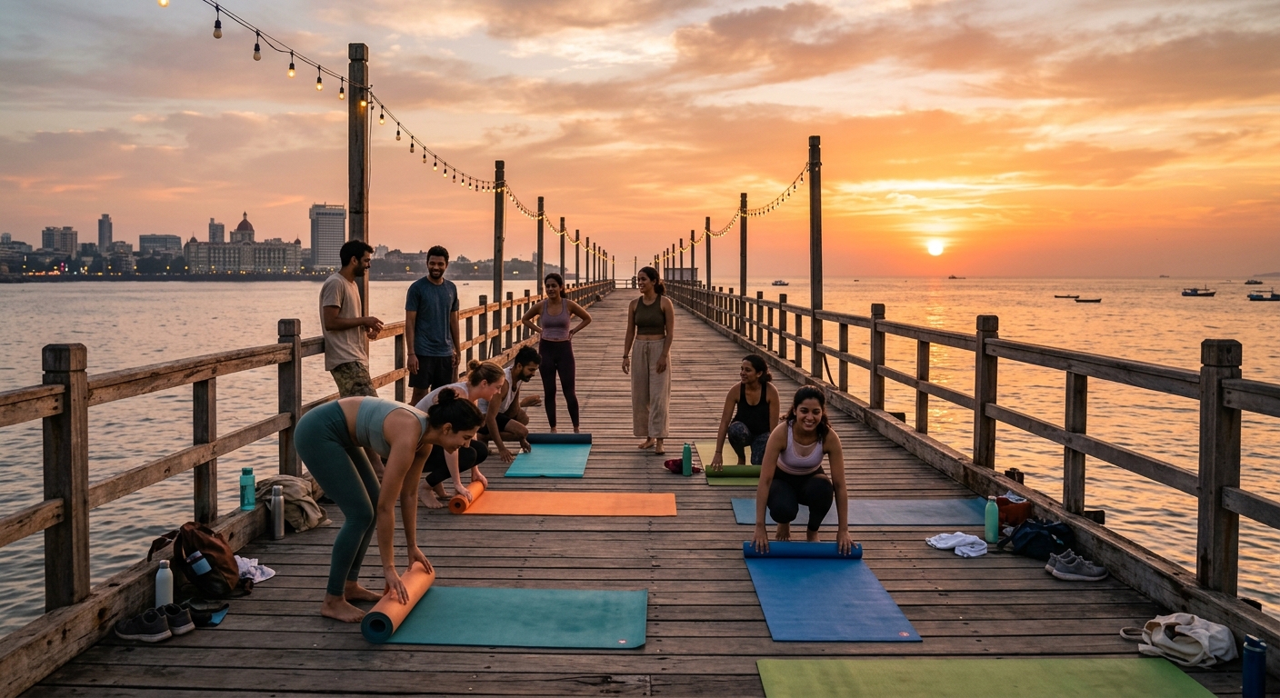 Yoga practitioners preparing for a sunset session on the Radio Club pier at Harmony by the Sea 2.0 in Mumbai.