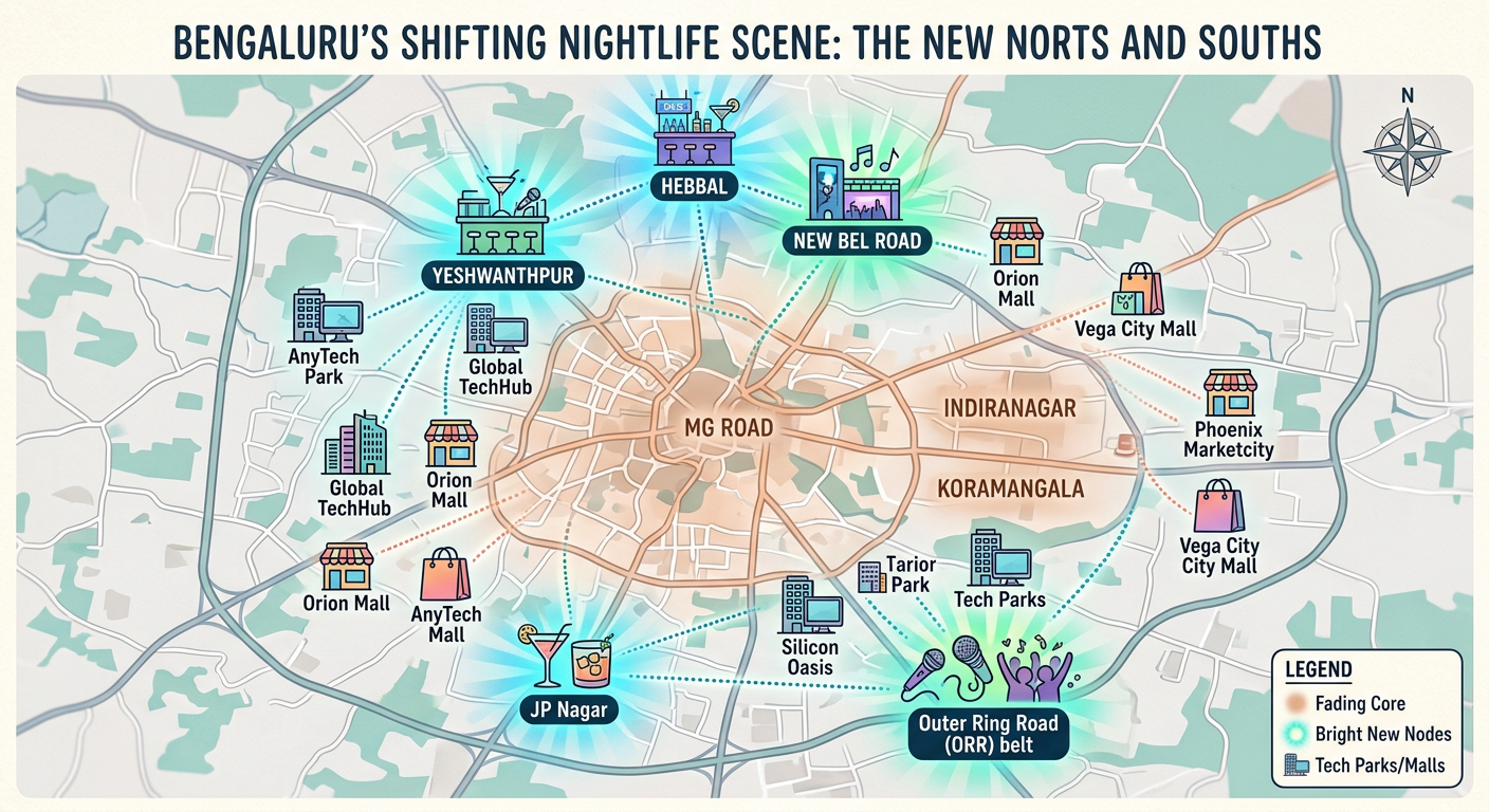 Illustrated map of Bengaluru highlighting the shift from a central nightlife core to new northern and southern brewery clusters.