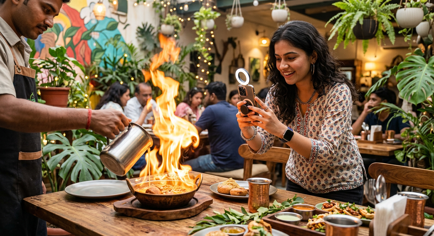 Jaipur food influencer filming a Reel of a hero dish being served at a new aesthetic cafe.