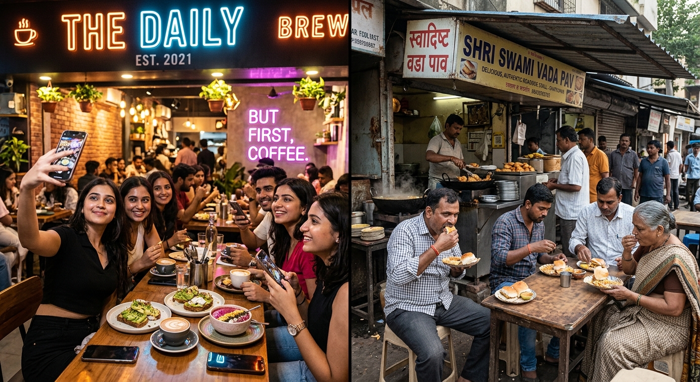 Contrast between an Instagram-famous cafe and a local Ghatkopar eatery.