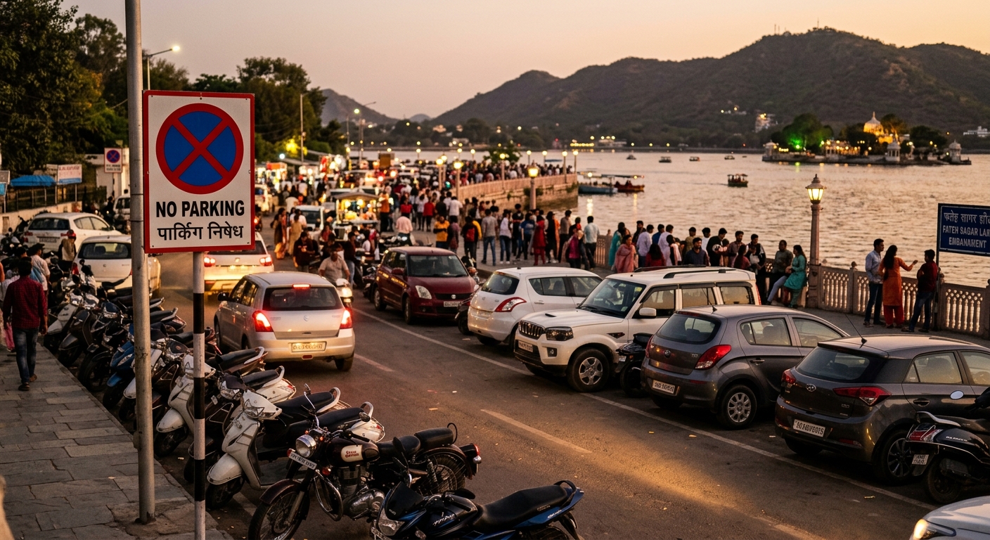 Parking near Fateh Sagar with vehicles and no-parking sign