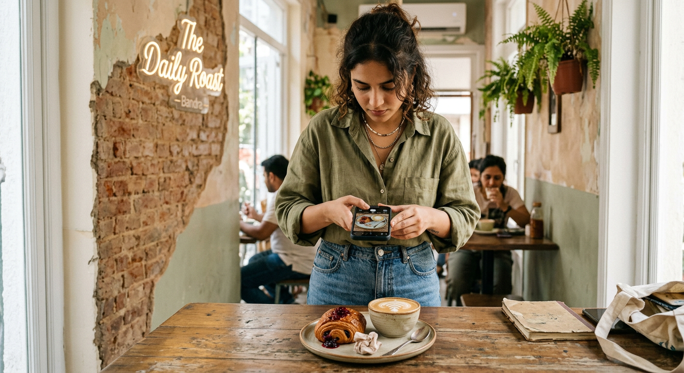 A content creator photographing coffee and pastries in a stylish Bandra cafe, illustrating the link between cafe design and the creator economy.