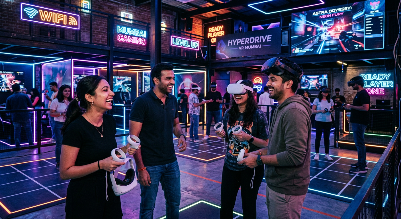 Young professionals playing a multiplayer VR game at an indoor arena in Mumbai