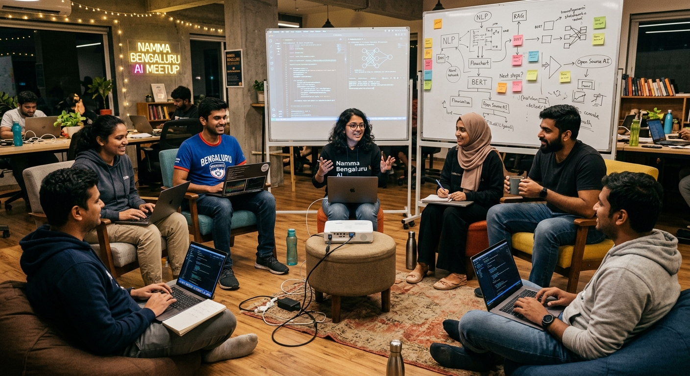 Bengaluru AI meetup in a coworking space with founders demoing projects and developers collaborating.