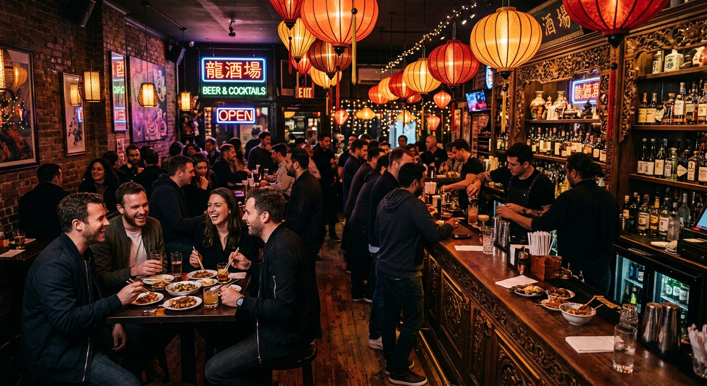 Interior of Lucky Chan in Hebbal, showing a busy post-work crowd of young professionals dining and drinking.