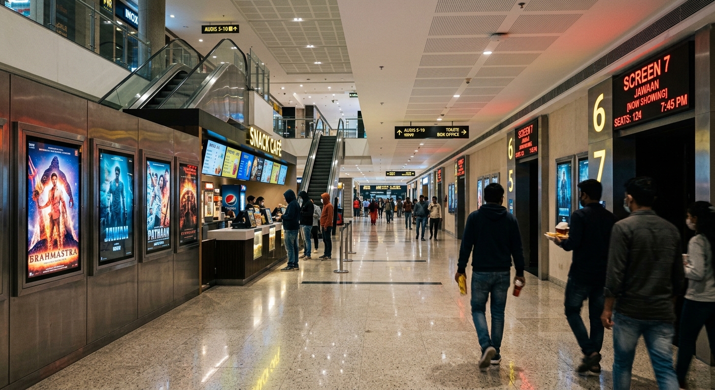 A sterile, commercial corridor inside a modern mall multiplex with escalators and a popcorn counter.