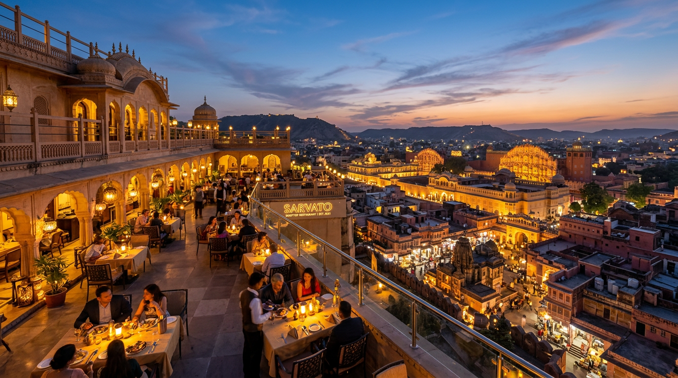 Sarvato dining terrace overlooking Jaipur's City Palace at dusk.