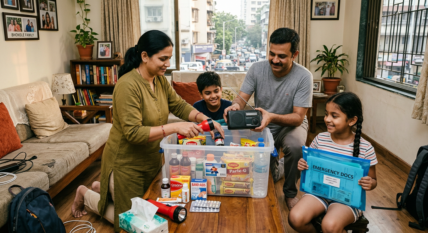 Family assembling a home monsoon emergency box together