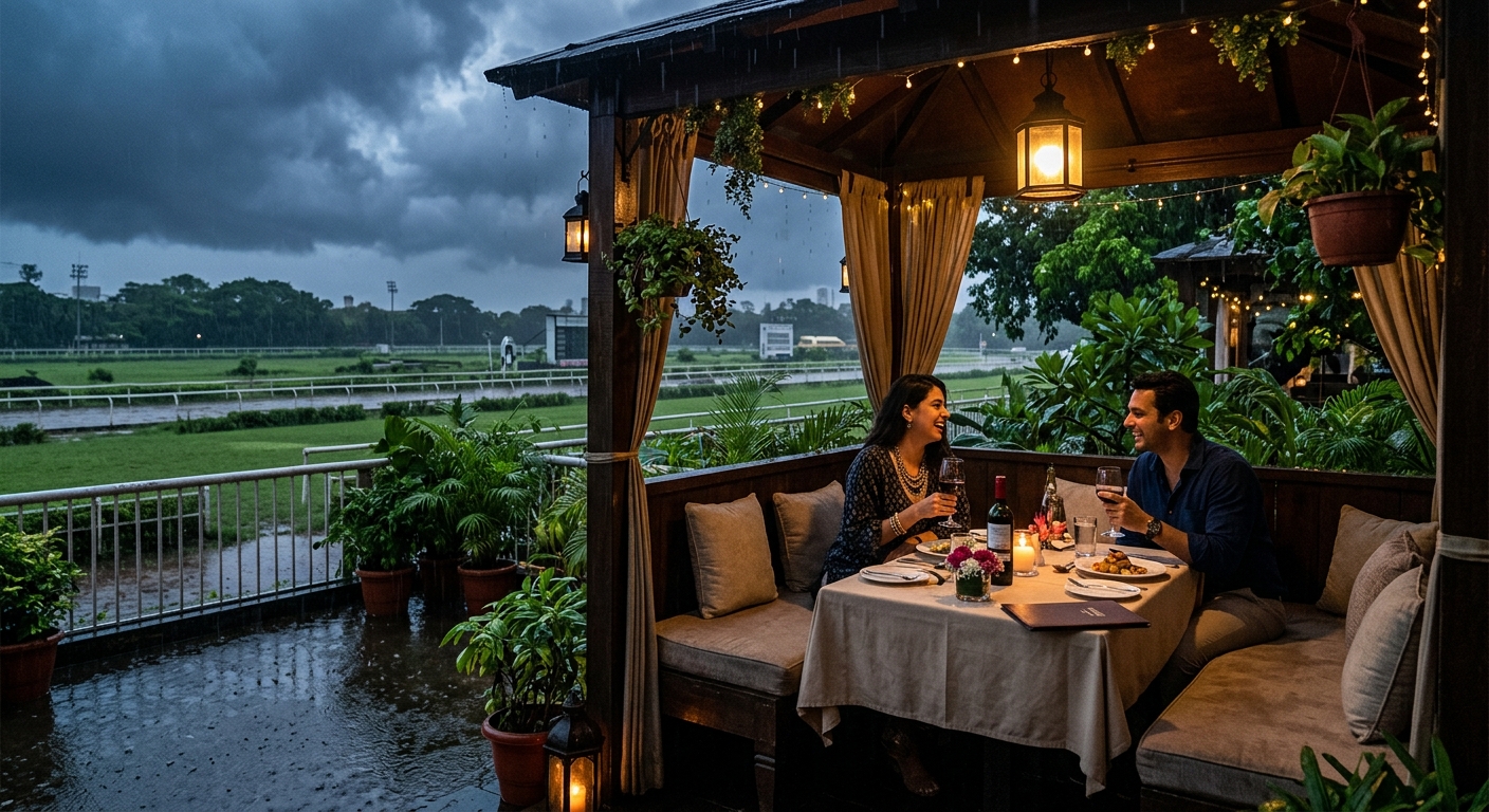 Couple dining in a Gallops cabana with racecourse view during monsoon rain