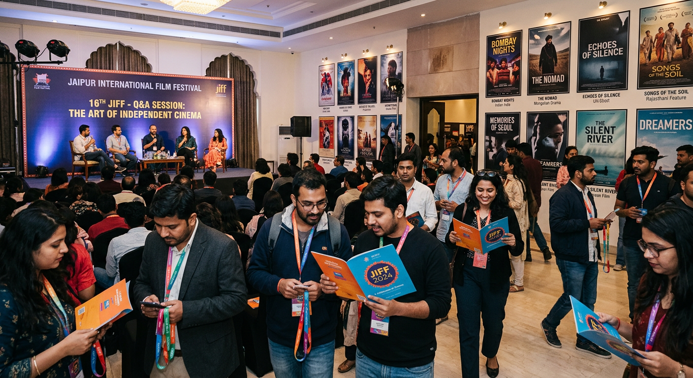 Attendees at the Jaipur International Film Festival holding program booklets and attending a filmmaker Q&A session.