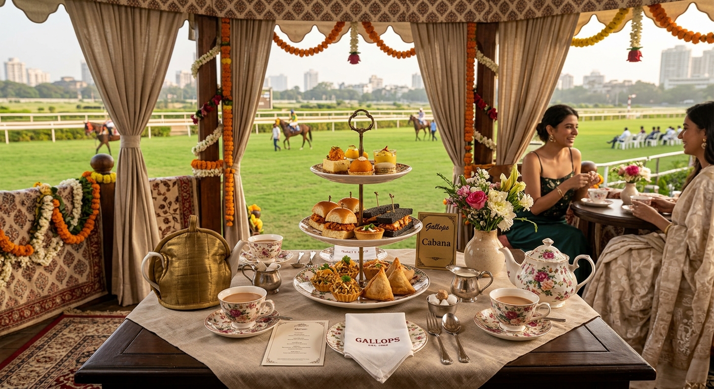 High tea setup in a Gallops cabana with racecourse backdrop