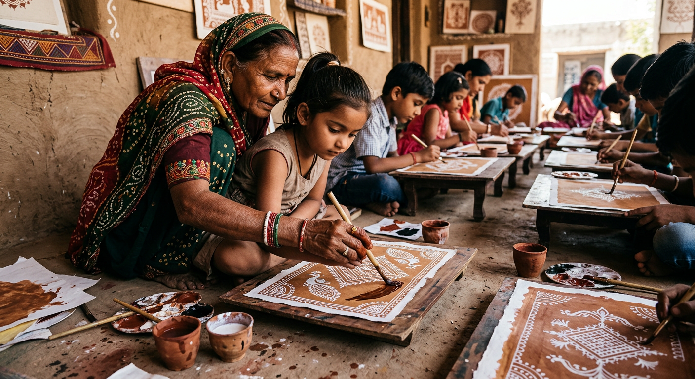 Mandana painting workshop at Kalaangan 2026 with artisan teaching a child