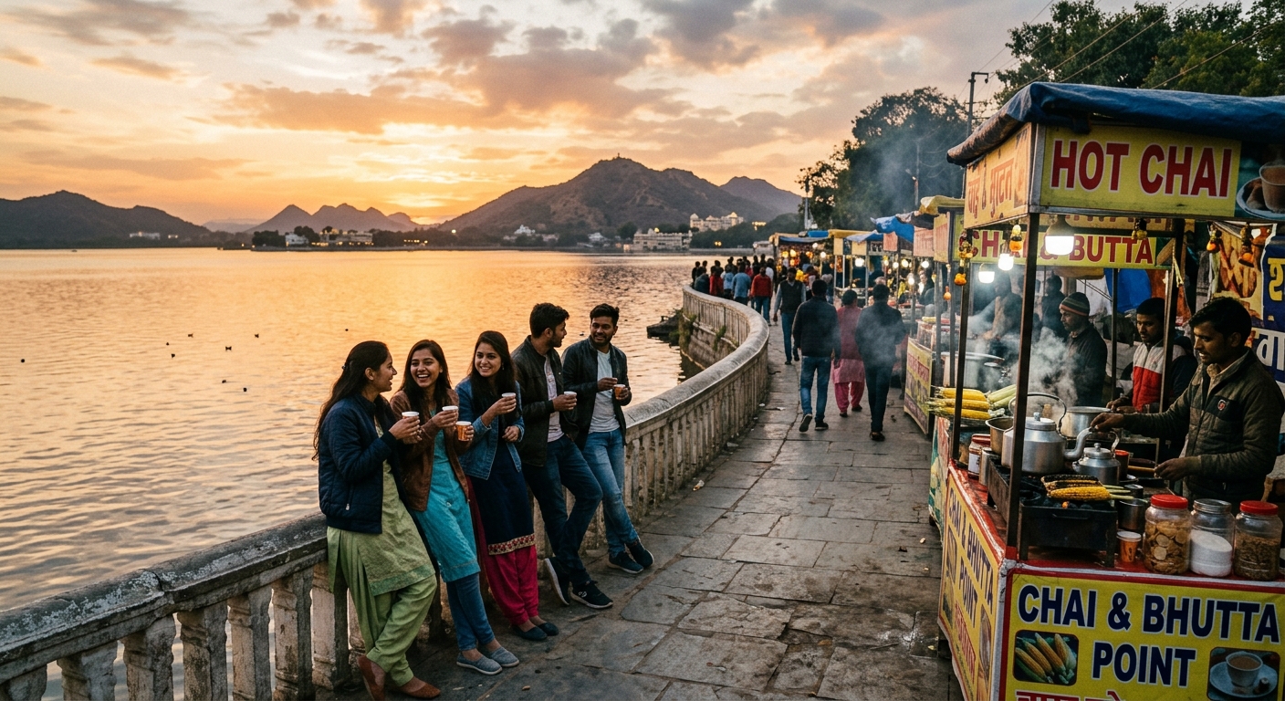 Chai and corn-on-the-cob stalls at Fateh Sagar embankment during sunset