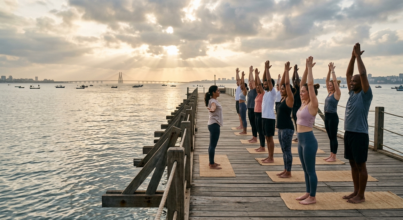 Morning yoga flow on the Radio Club pier during the Harmony by the Sea 2.0 wellness festival.