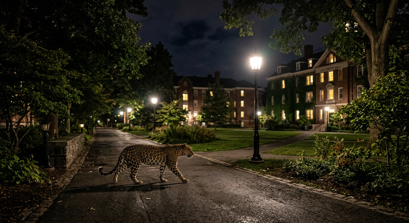 Leopard moving through IIT Bombay campus at night near staff housing