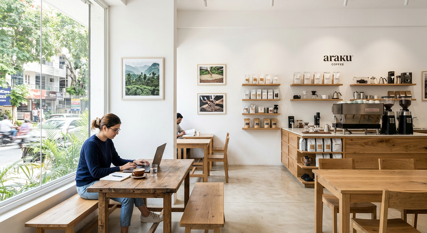 ARAKU Coffee Indiranagar cafe with minimalist design and laptop user