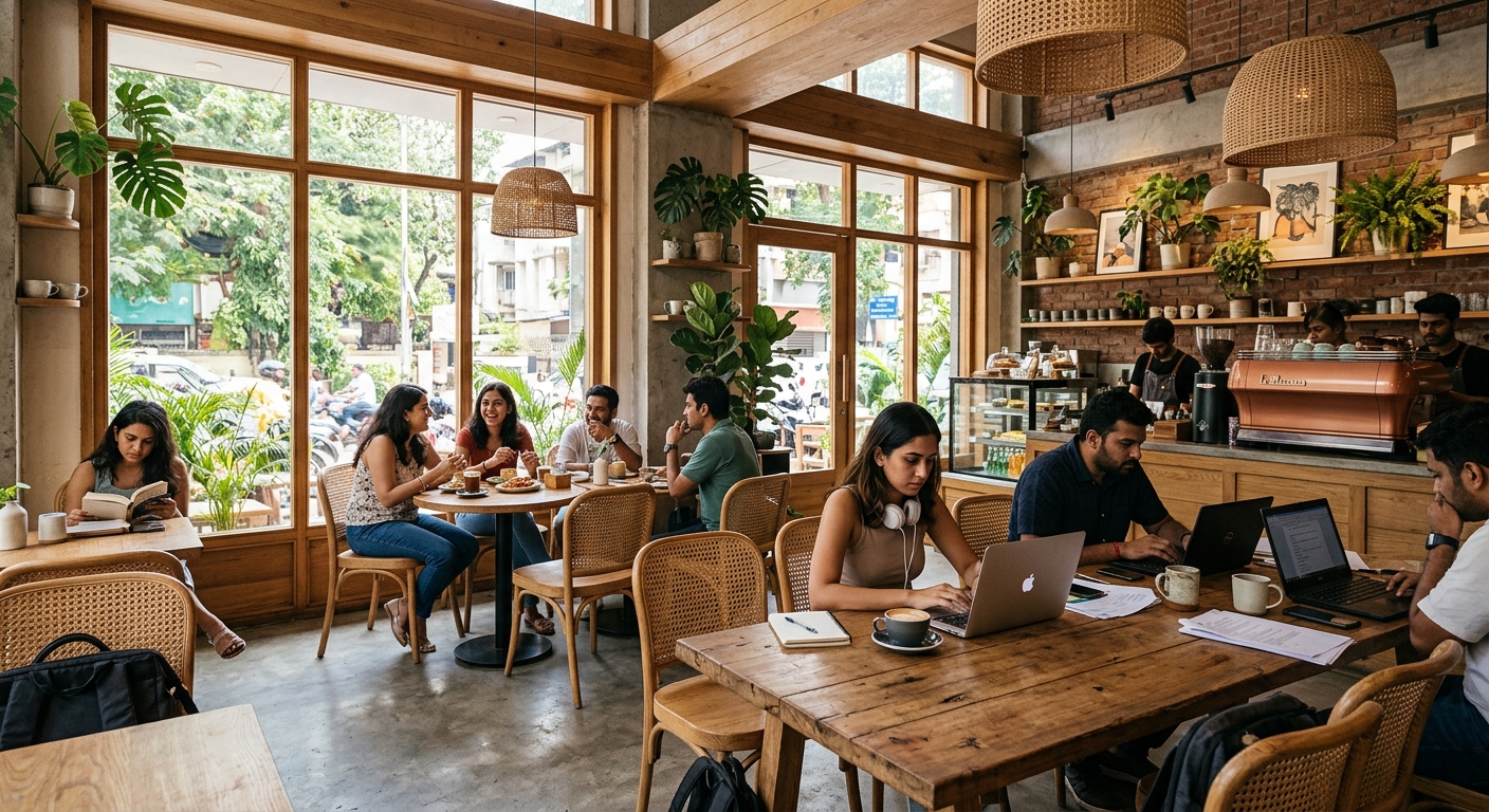 A sunlit, hybrid cafe interior in Bandra with people working on laptops and chatting, showcasing a neighborhood living room atmosphere.