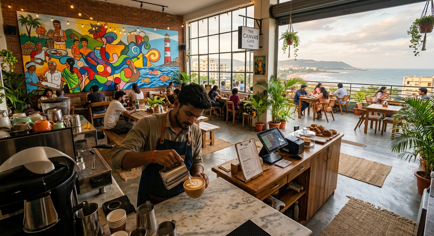 Wabi Sabi Art Café in Vizag with rooftop seating and artistic interior.