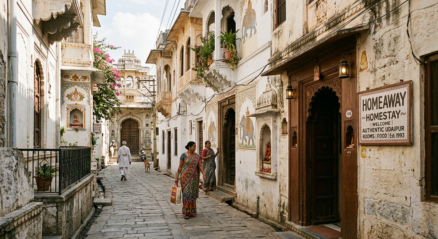 A peaceful side street in Udaipur away from tourist crowds, suggesting offbeat and sustainable travel.