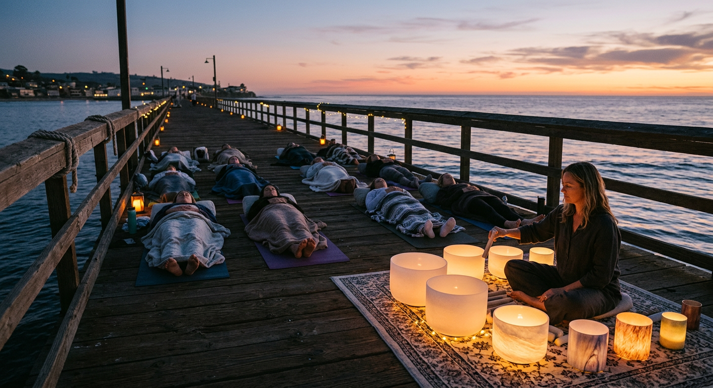Sunset sound healing session at Harmony by the Sea 2.0 with crystal bowls and a view of the Arabian Sea.
