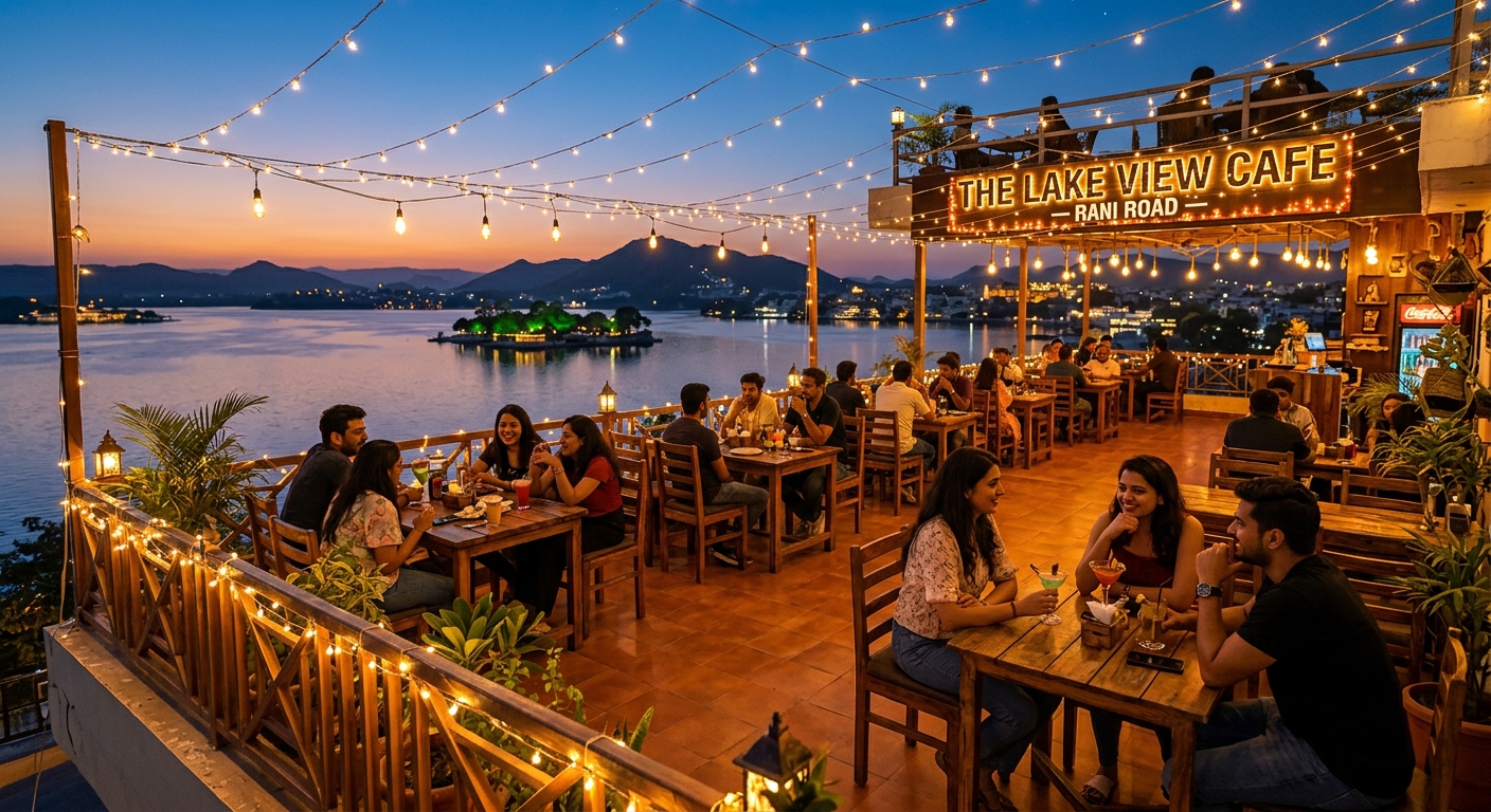 Rani Road café with lake view and fairy lights