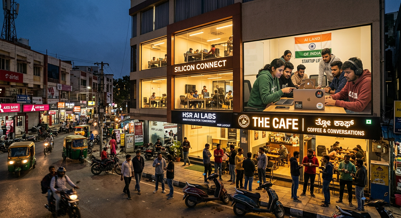 HSR Layout Bengaluru evening scene with AI startups working in a multi-story building and founders chatting at a corner cafe.