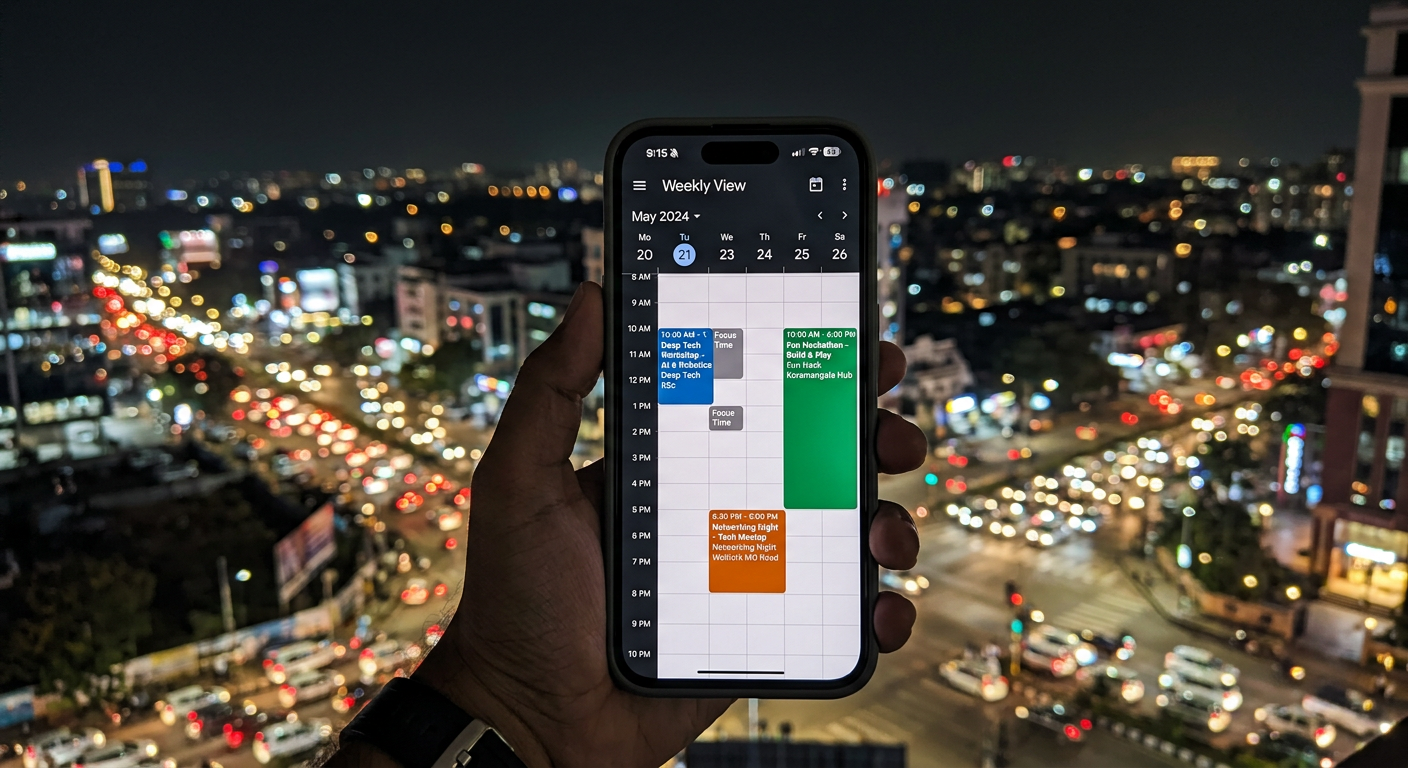Weekly calendar with the 1-1-1 event rhythm for Bengaluru founders