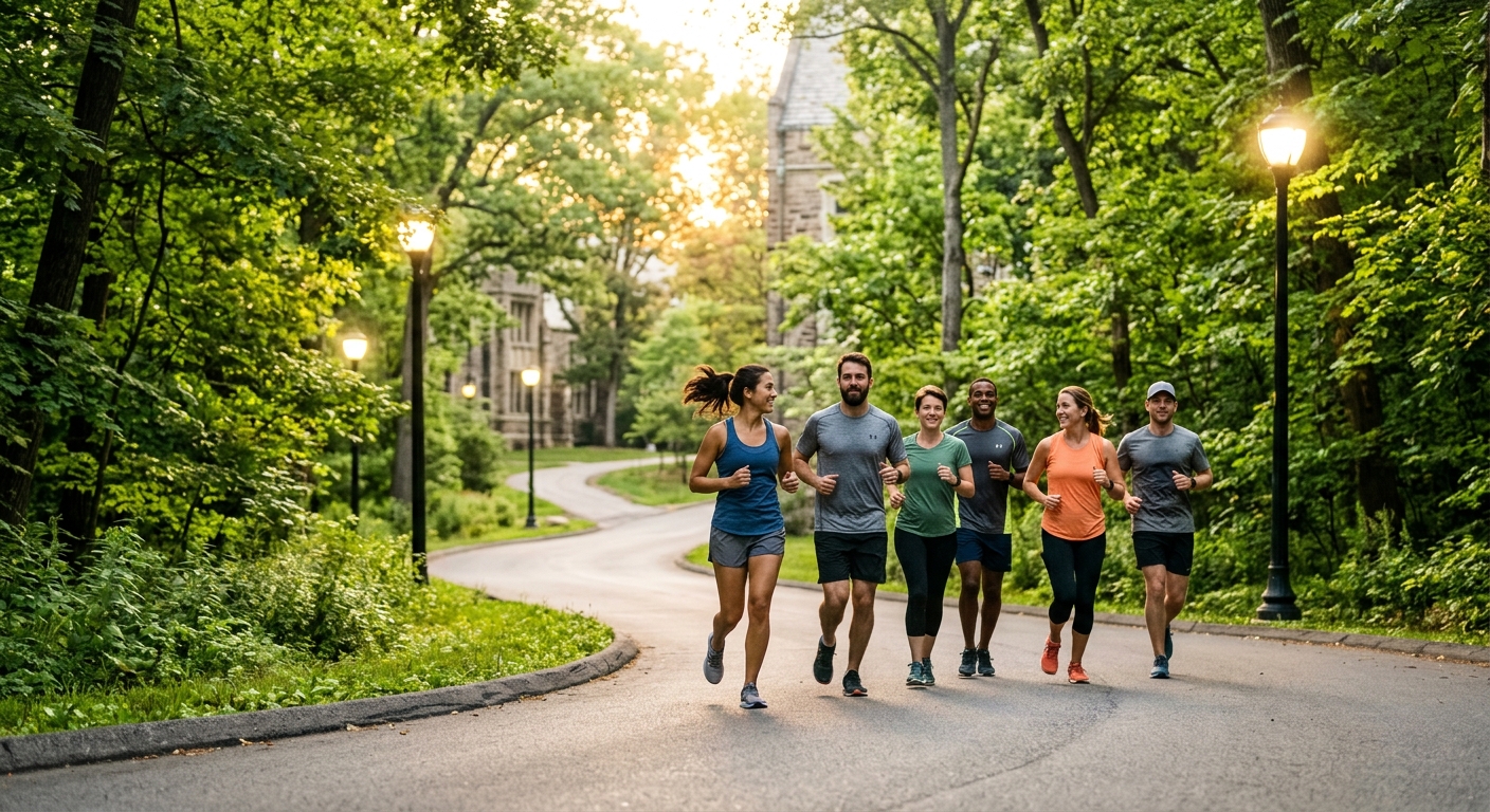 Joggers exercising in a group on IIT Bombay campus during daylight