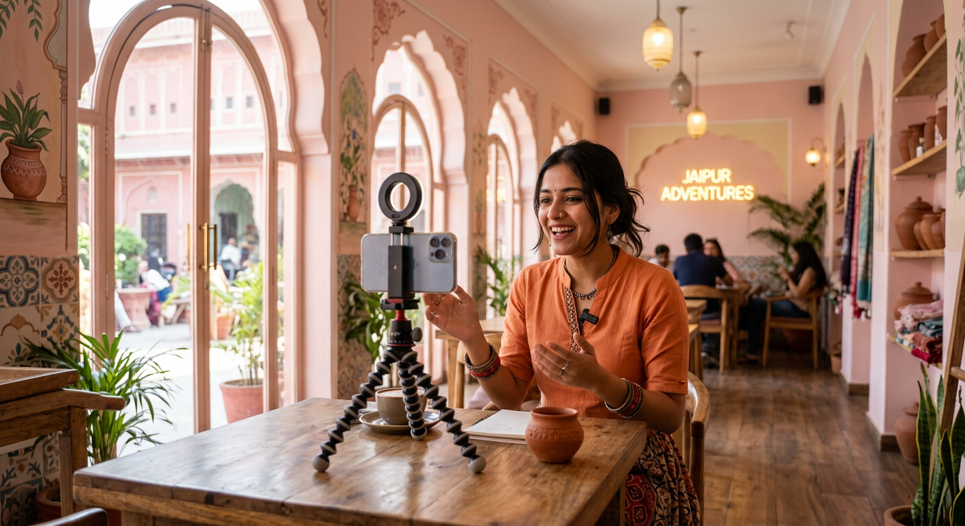 Jaipur content creator shooting a reel in a Pink City café
