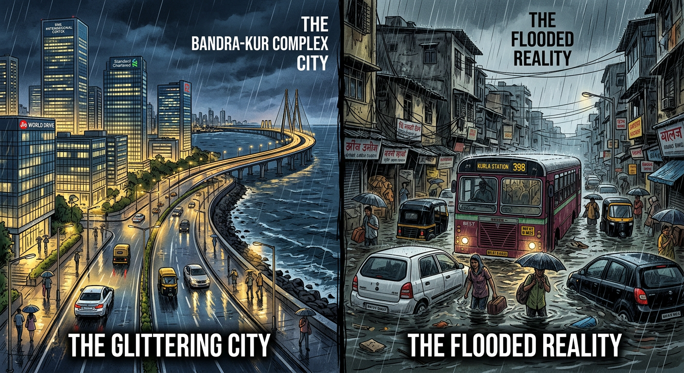 A split illustration showing the 'two Bombays': gleaming BKC and Coastal Road on one side, flooded Kurla streets on the other, highlighting infrastructure inequality.