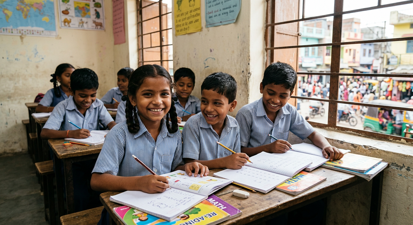 Smiling underprivileged children studying at a desk in a simple classroom, representing the after-school education centers supported by the run.